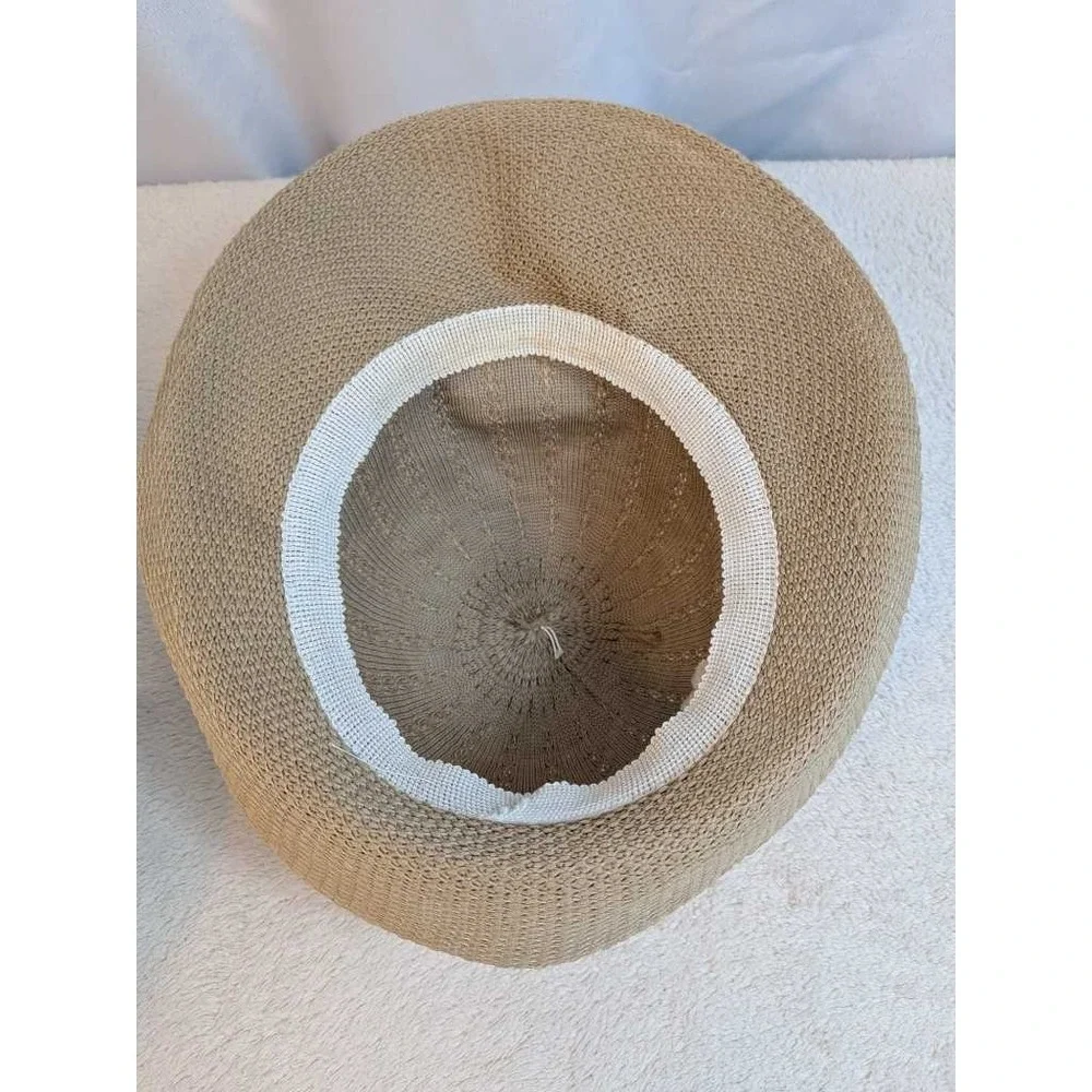 Women's Tan Knit Bucket Hat Sun Hat‎ Floral Accent Summer Beach